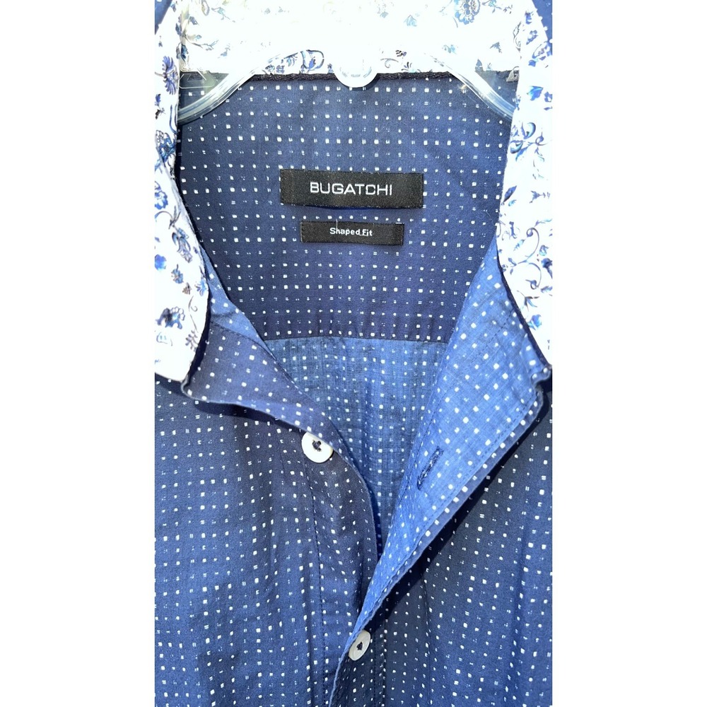 Bugatchi Men's Shaped Fit Blue Micro Dot Floral‎ Trim Cotton Dress/Casual EUC - Picture 3 of 6